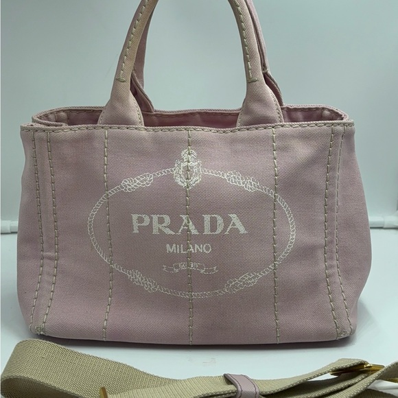 Authentic PRADA Canapa 2way Handbag Tote bag w/shoulder Strap baby pink Canvas - Picture 4 of 12